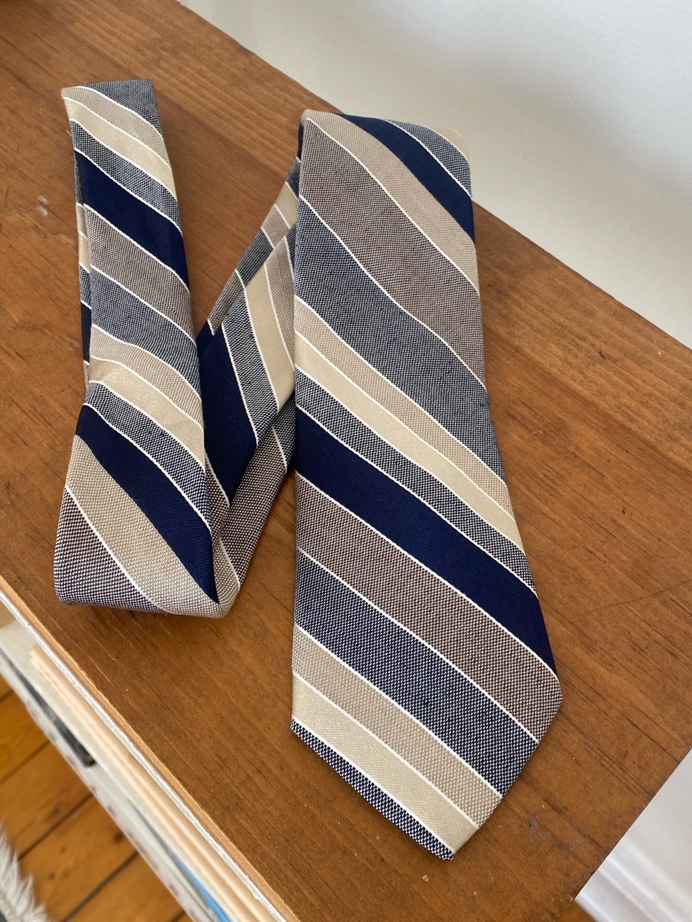 Ted Baker London Striped Tie - Navy Blue, Tan & Gray - 70% Linen 30% Silk Blend